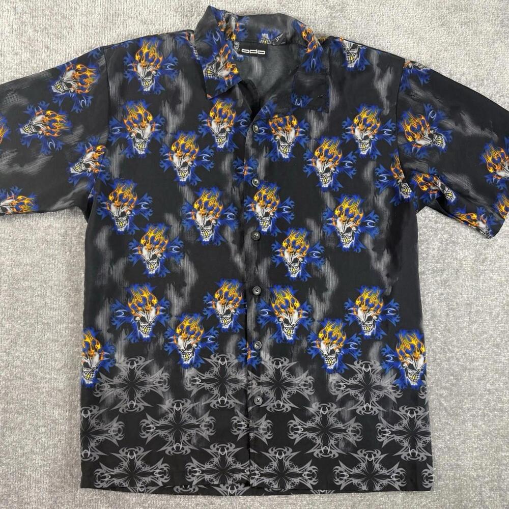 Vintage Odo Y2K Grunge Button Up Shirt Flames Skulls Skeleton Men’s Size Large